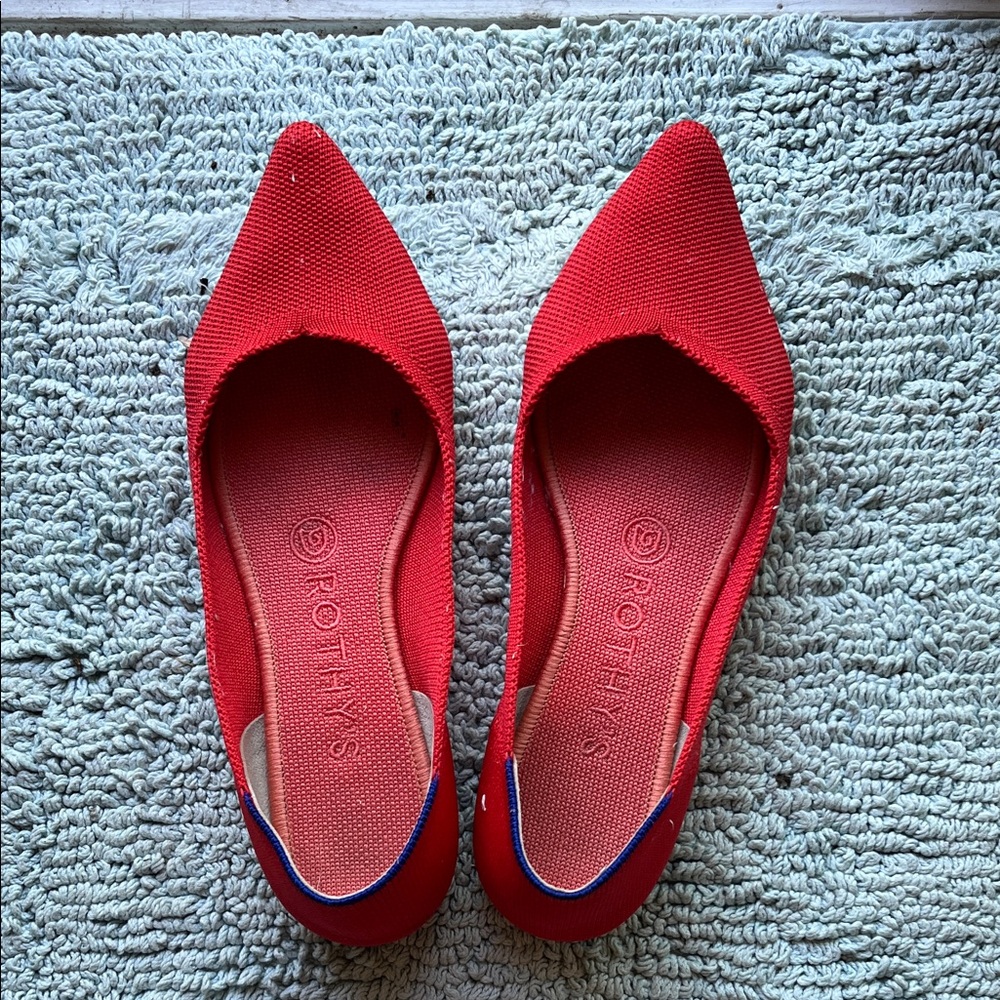 Rothy's Bright Red Pointed Knit Flats with Blue Trim